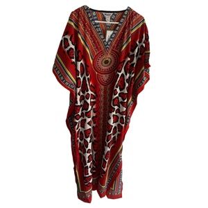 WINLAR Red Leopard Print V-Neck Long Microfiber Kaftan (One Size Fits Most)